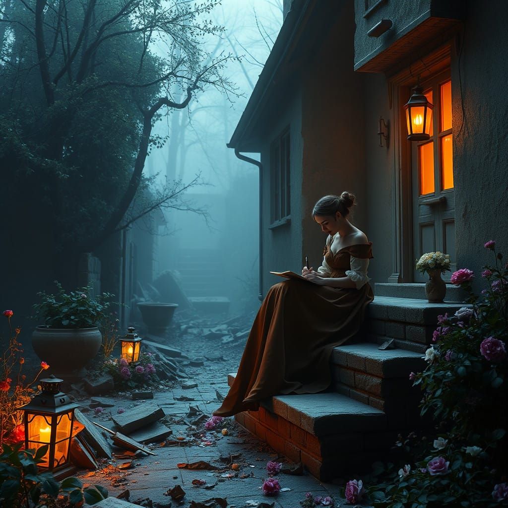 Post-Apocalyptic Couple Walks Through Ruins with Beauty Amid...