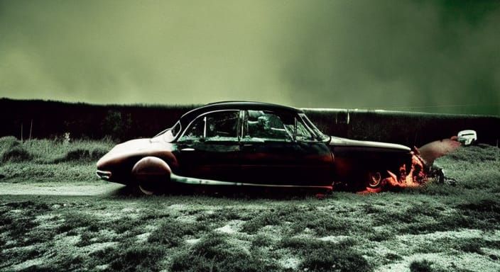 Convertible rusty decaying broken wreck crashed derelict :: greebles :: H.R. Giger :: marsh :: moor :: smoke and fire ::...