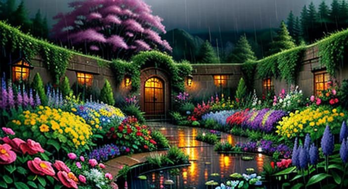 Idyllic Garden in Heavy Rain, Painterly Style