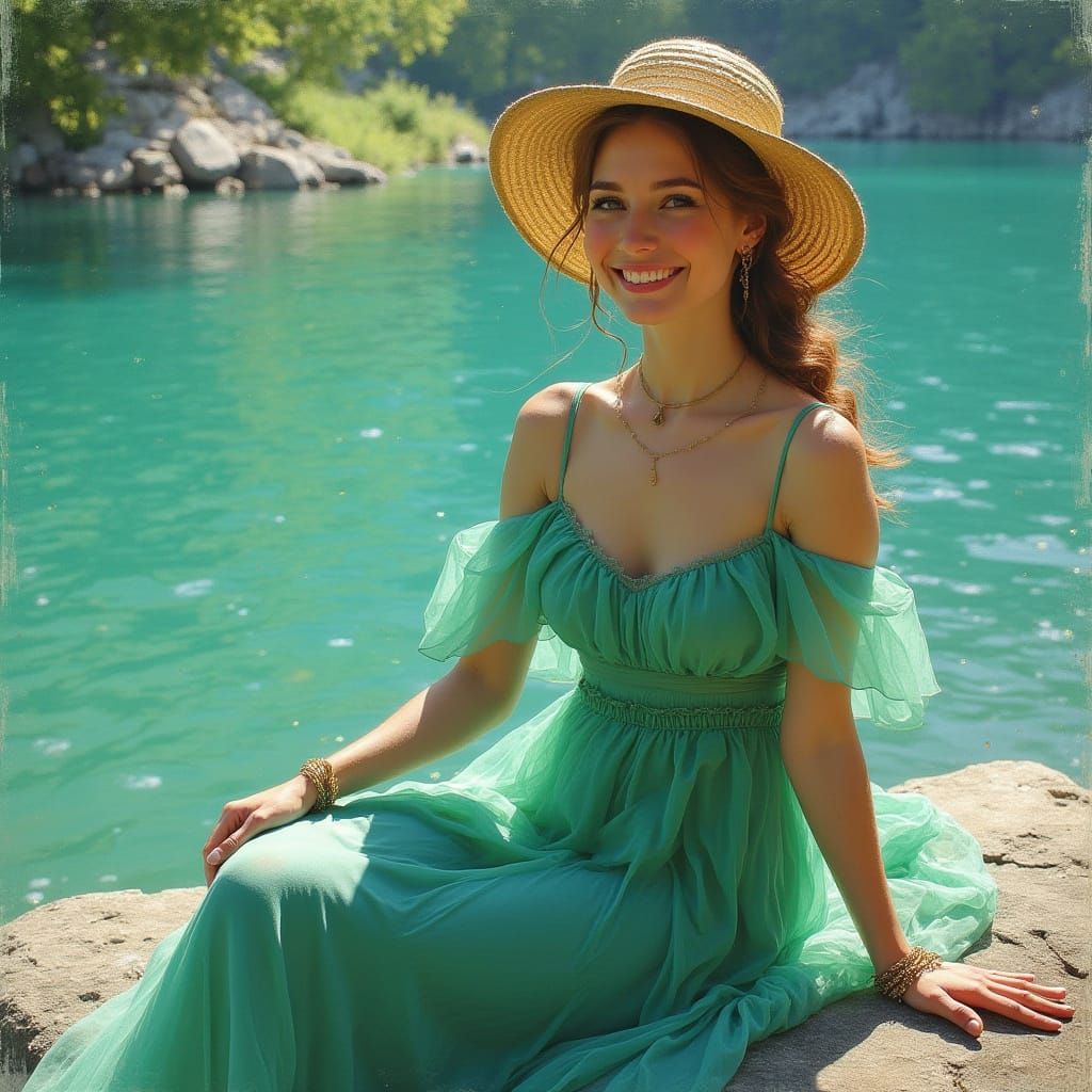 Smiling Woman in Light Green Dress by Lake
