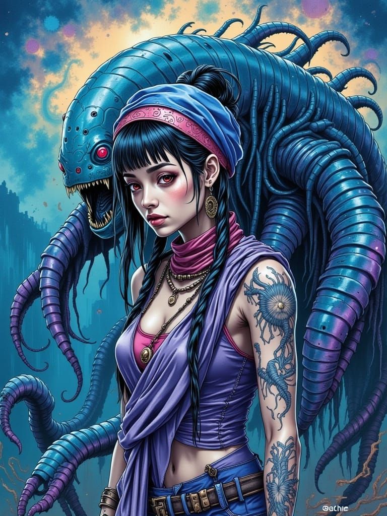 Young Woman and Leviathan in Watercolor Style