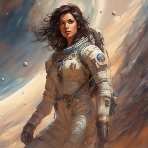 Astronaut Girl Portrait on the Moon in Splash Art Style