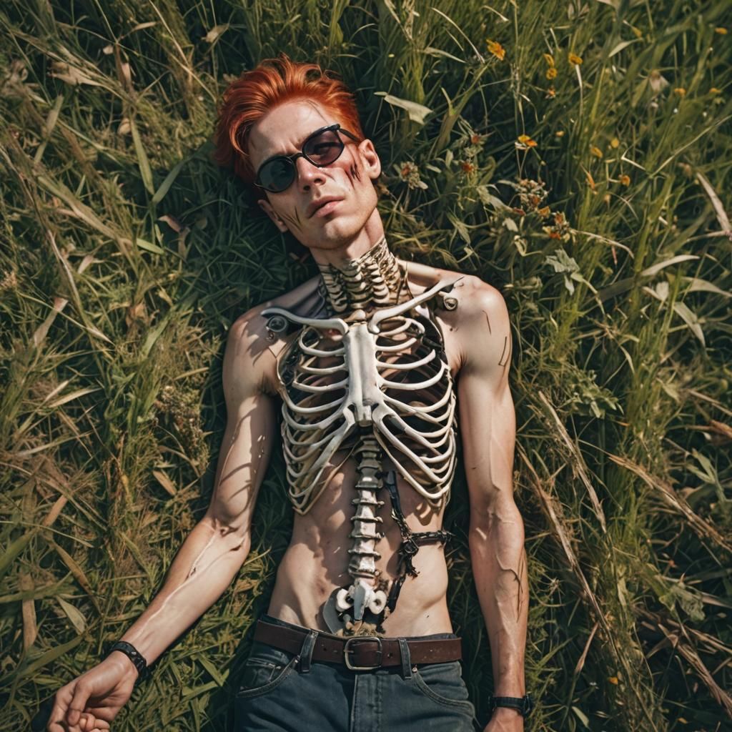 Boy Sleeping in Meadow with Skeleton: Cinematic Film Still
