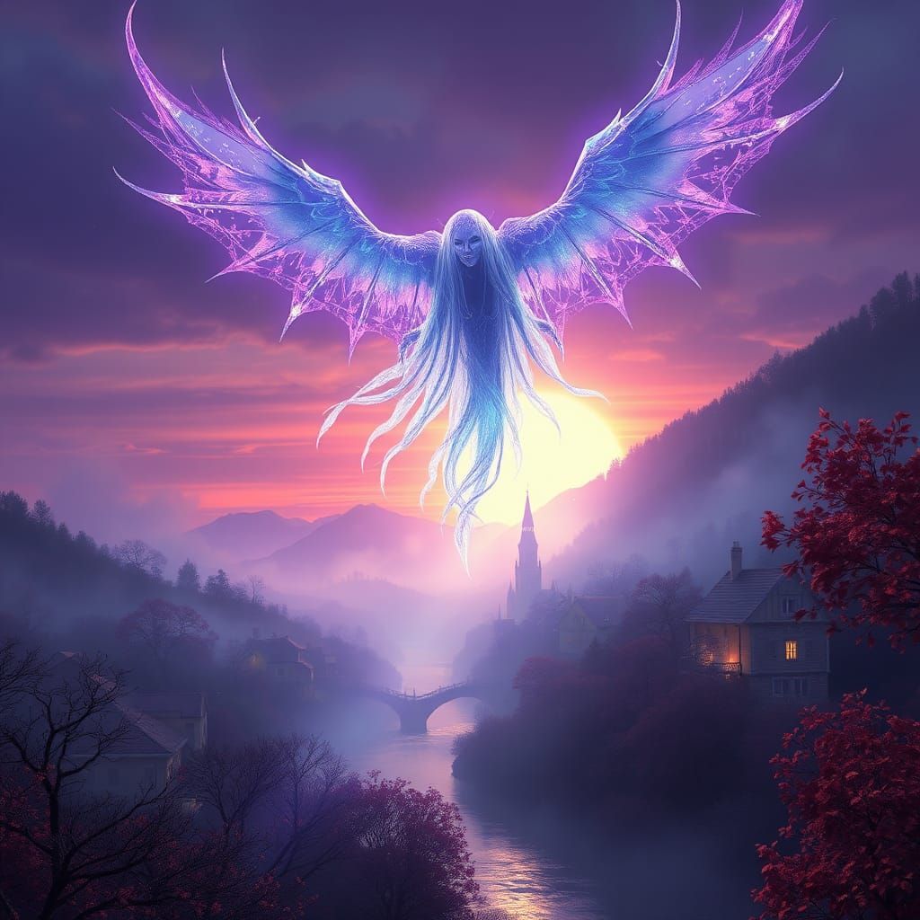 Glowing Phantom Over Scenic Town: Anime Concept Art