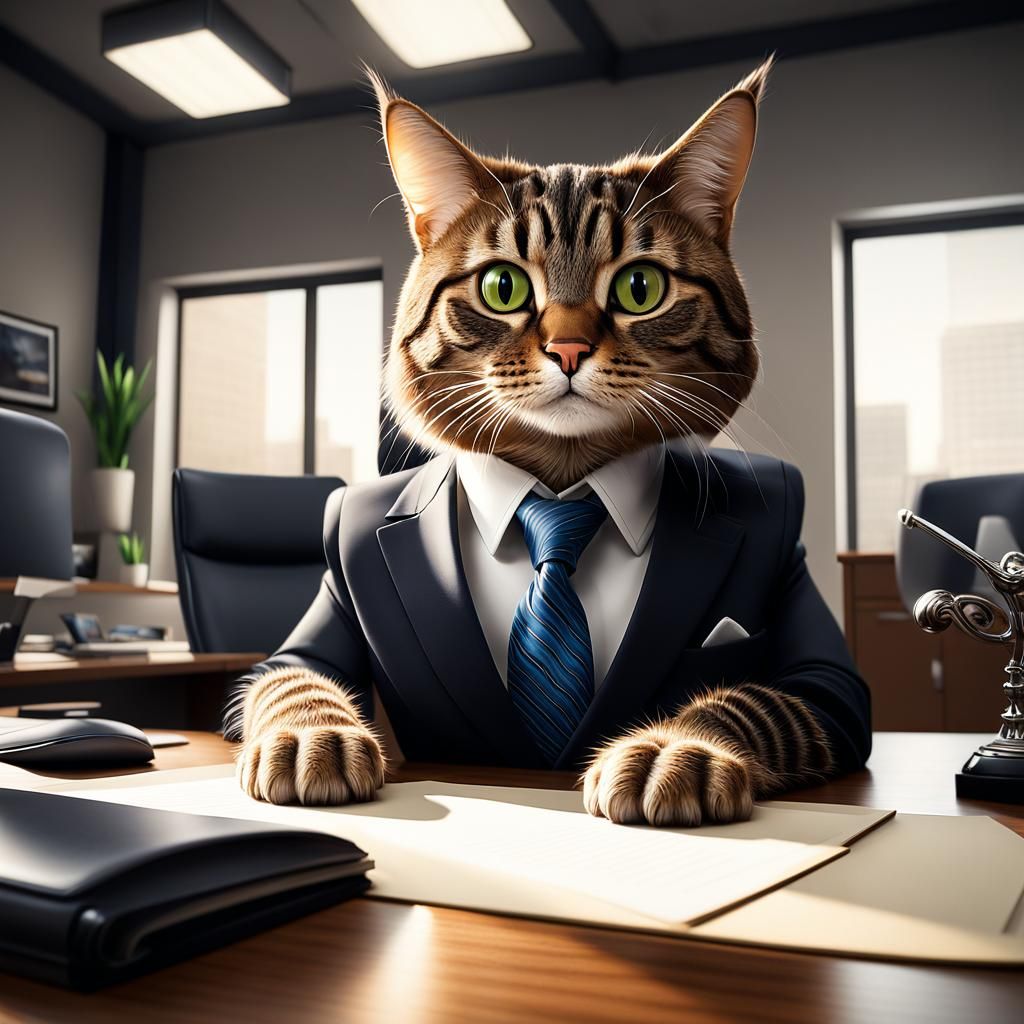 Hyperrealistic Tabby Cat CEO in Business Meeting