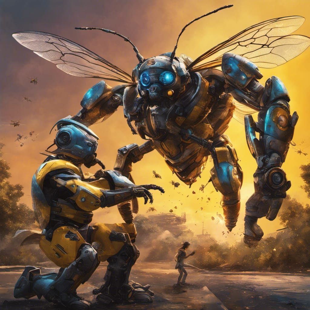 Giant Bee Versus Cyber Robot: Hyperrealistic Splash Art