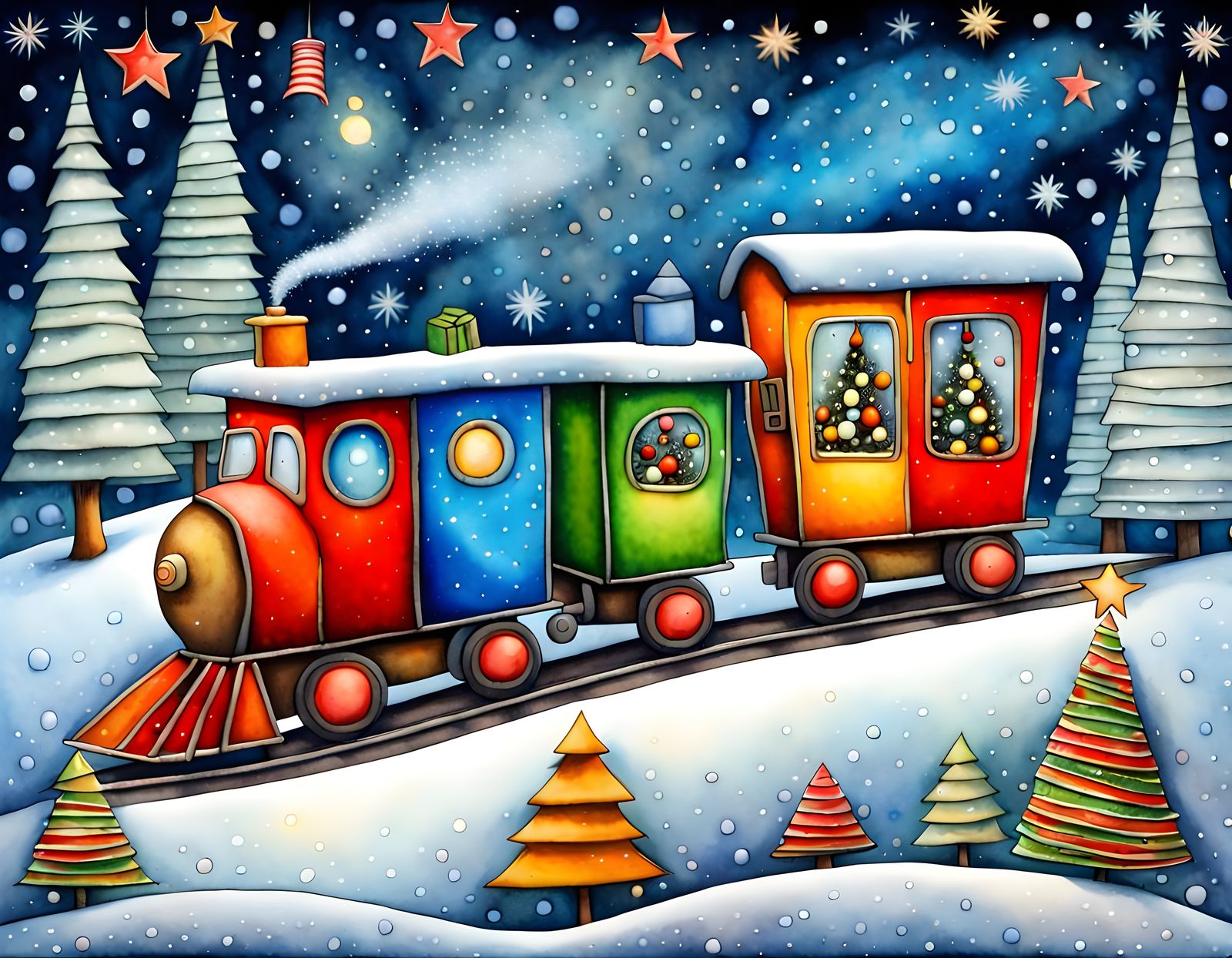 Festive Christmas Train in Cubist Style