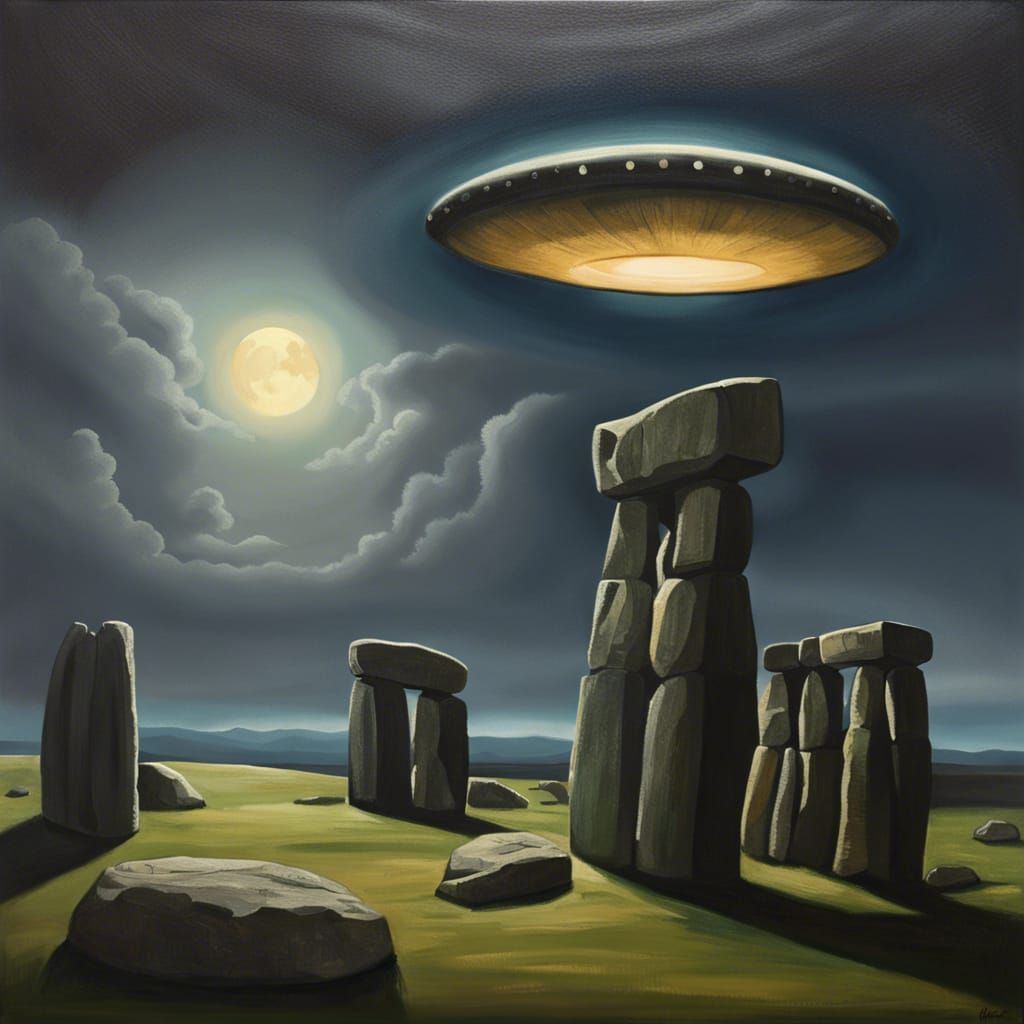 UFO Over Stonehenge in Realistic Oil Painting