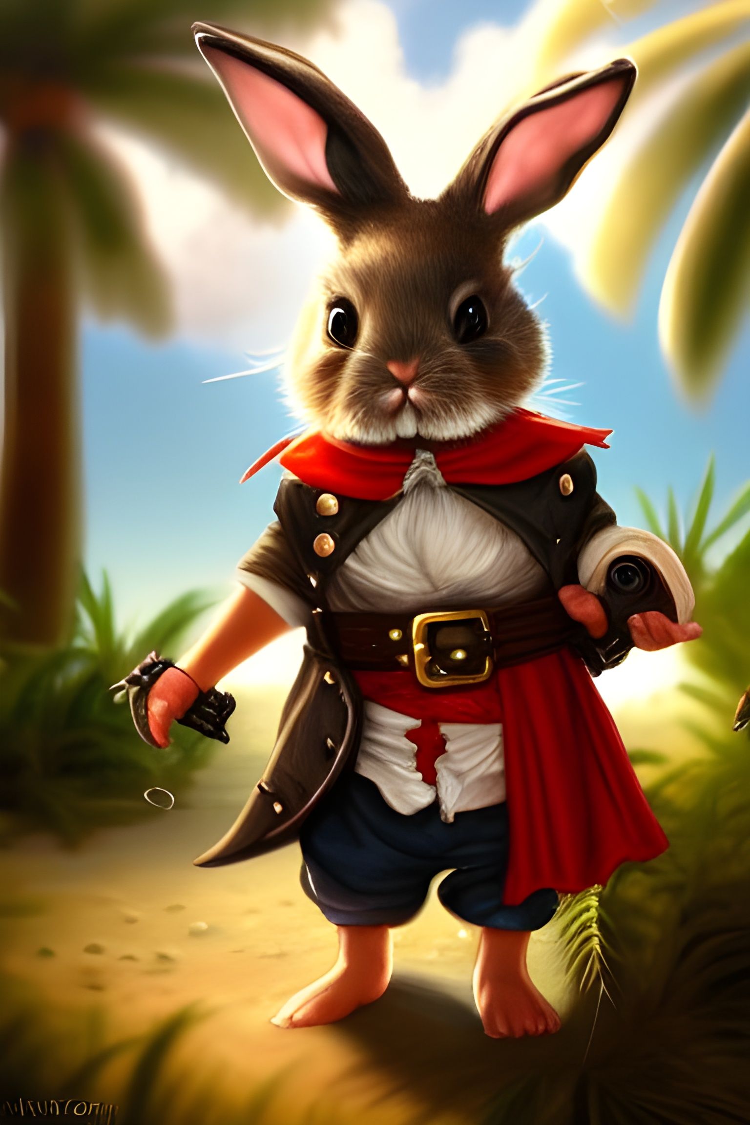 Cute Bunny Pirate in Paradise, Photorealistic Art