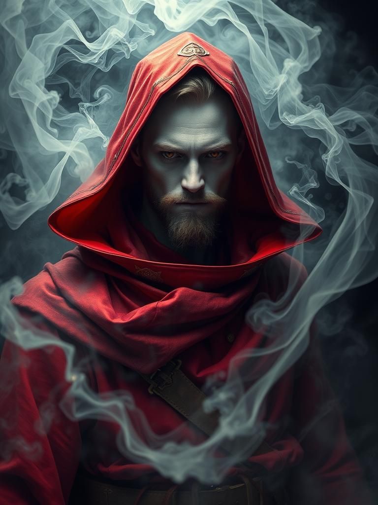 Dark Fantasy Man in Red with Intense Mist