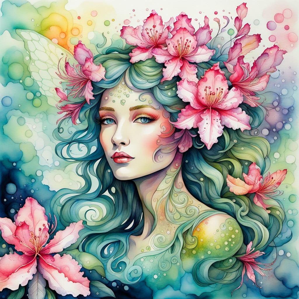 Rhododendron Fairy in Watercolour with Abstract Elements