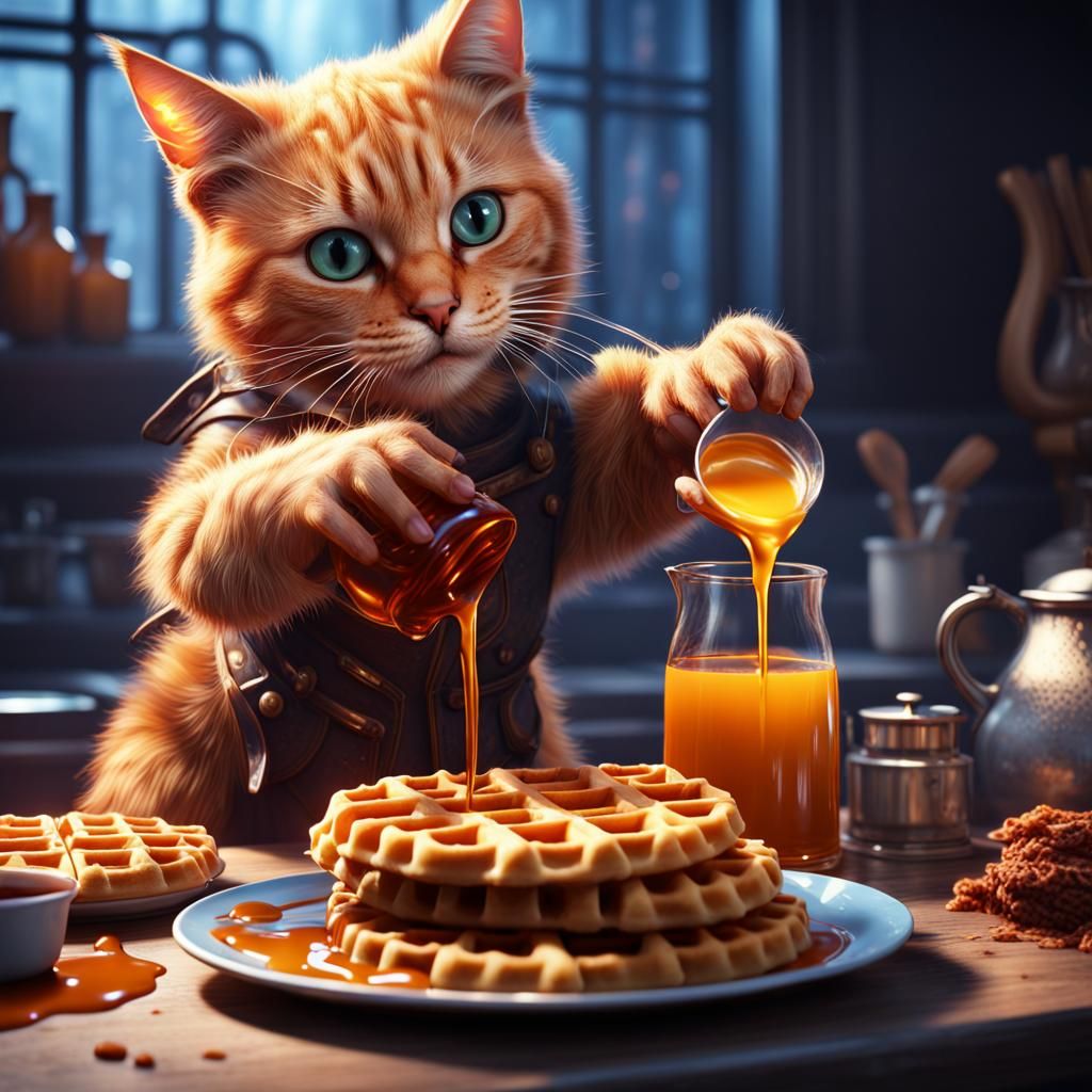 Cat Pouring Syrup on Waffles: Detailed Matte Painting