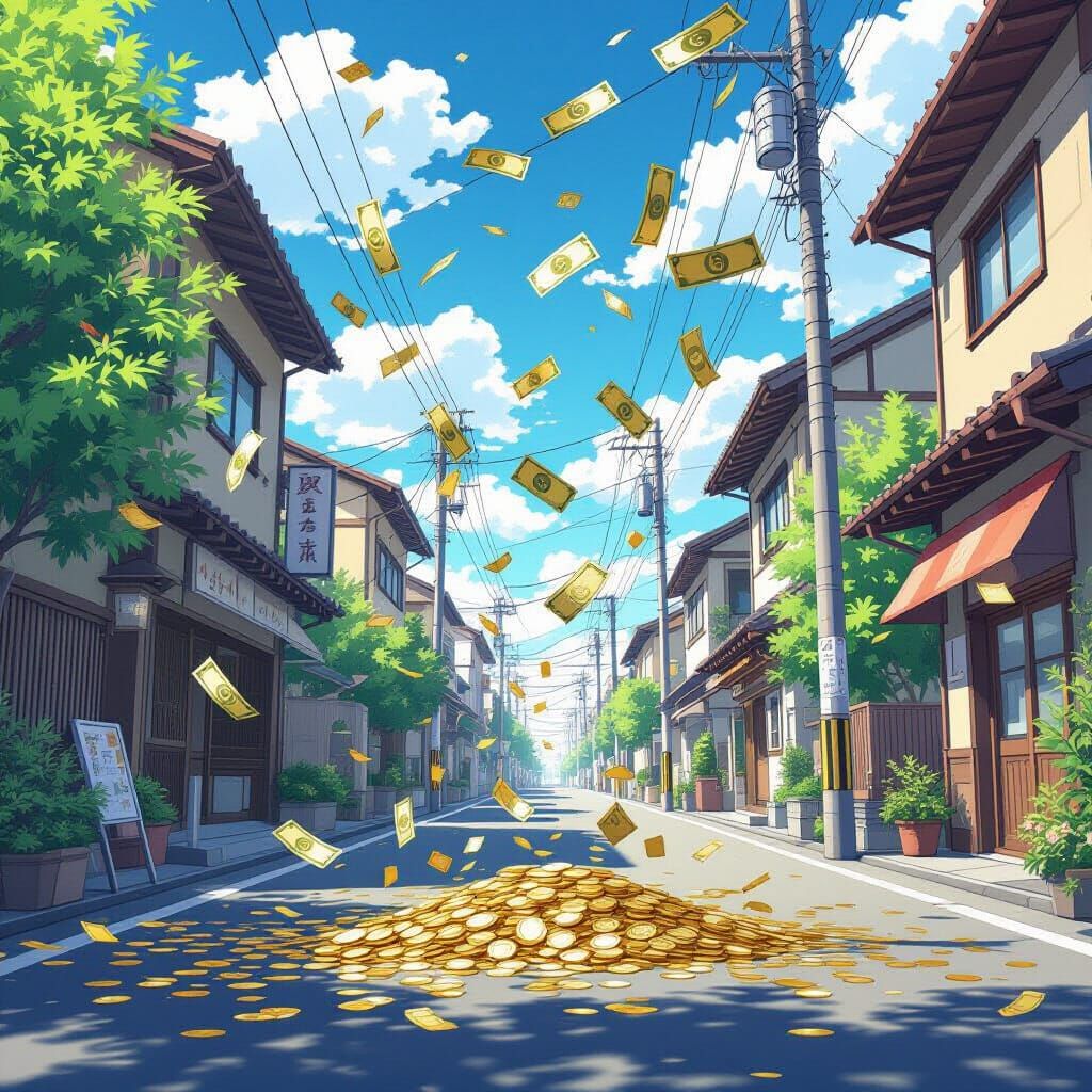 Gold Money Falling Down Street in Anime Style