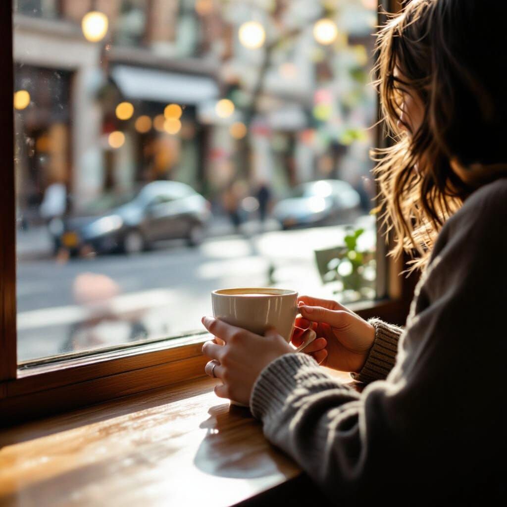 Person Gazes Out Coffee Shop Window in Soft Light