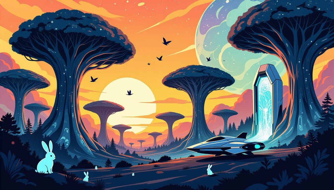 Bioluminescent Alien Planet in Ink Illustration