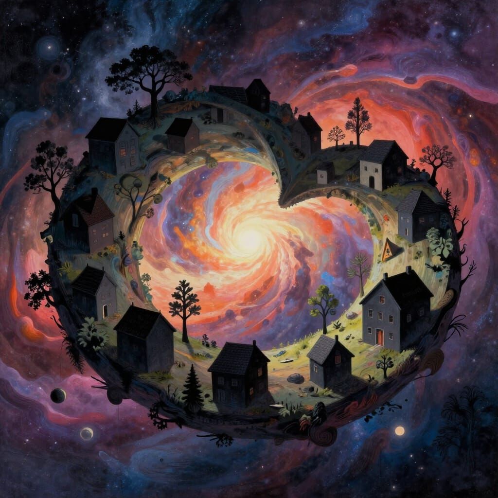 Surreal Moebius Strip Village in Cosmic Void