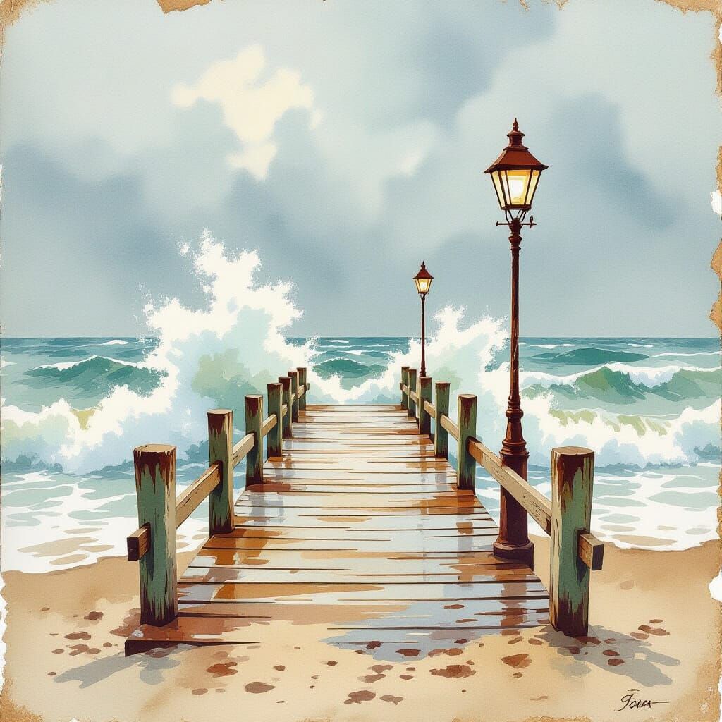 Pier Amidst Stormy Waves in Watercolor Style