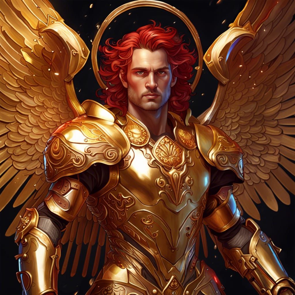 Aries Zodiac Angel in Golden Armor, Hyperrealistic Art