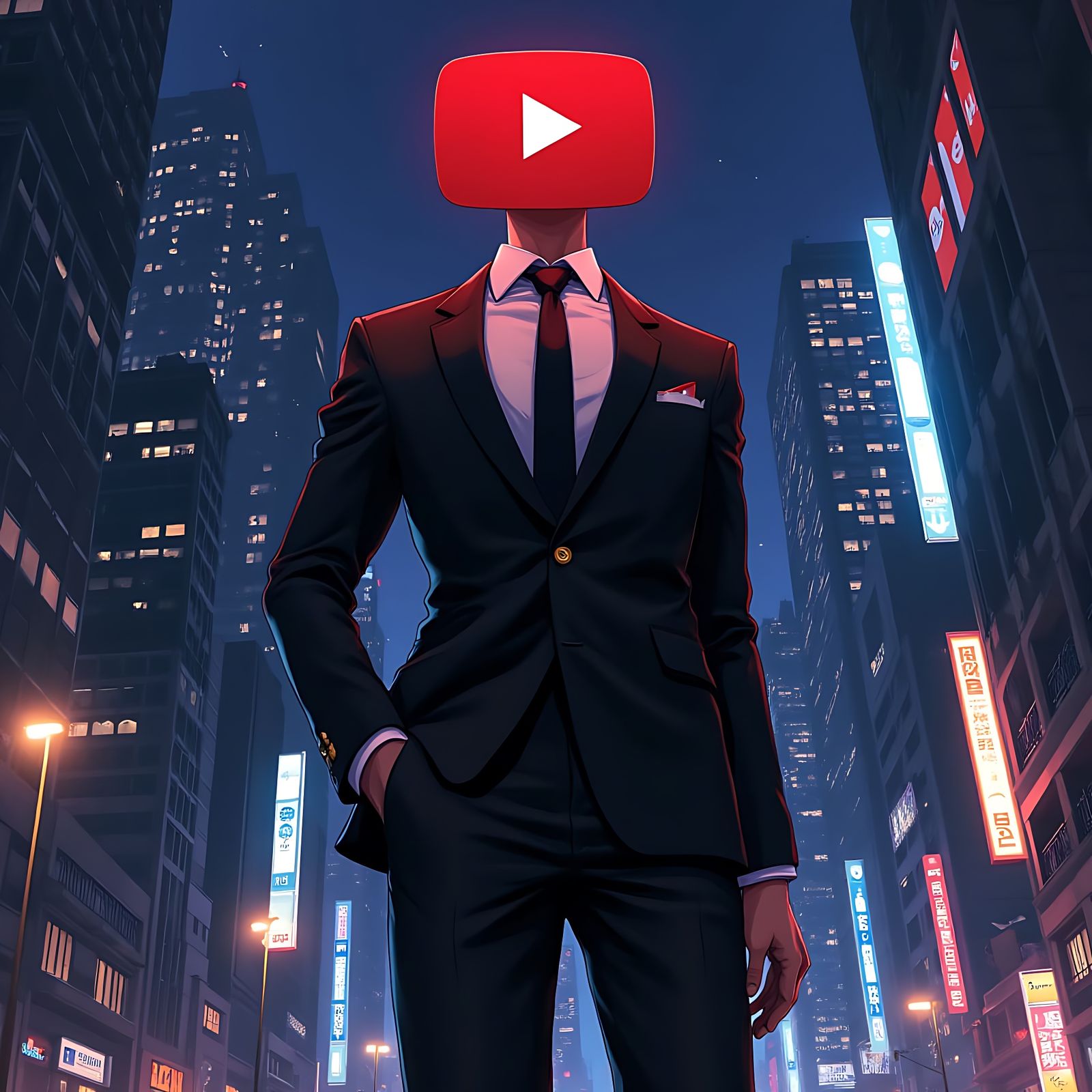 Anime Man with YouTube Logo Head in Cityscape