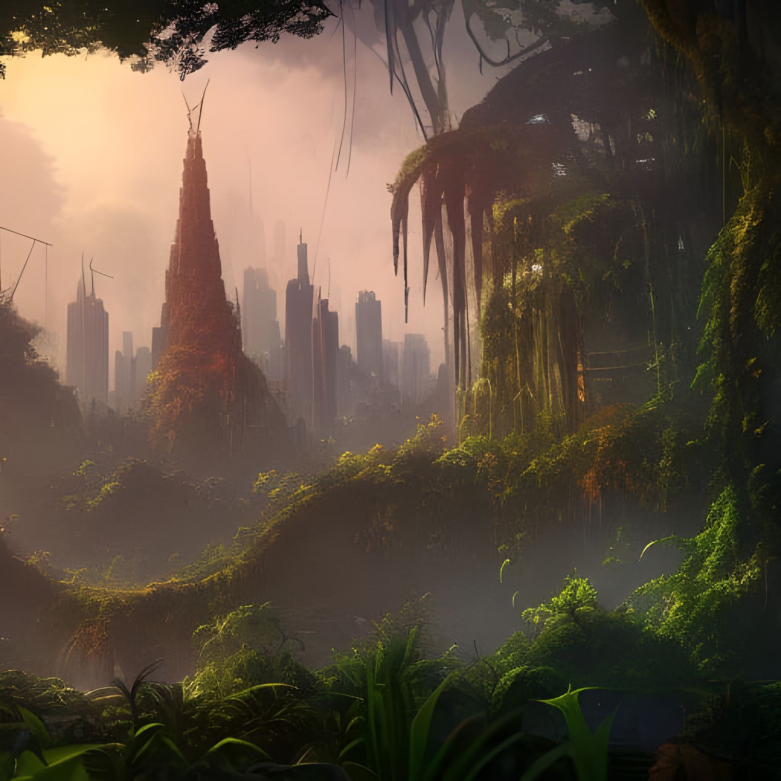 Lush Jungle Overtakes Overgrown City: Detailed Matte Paintin...