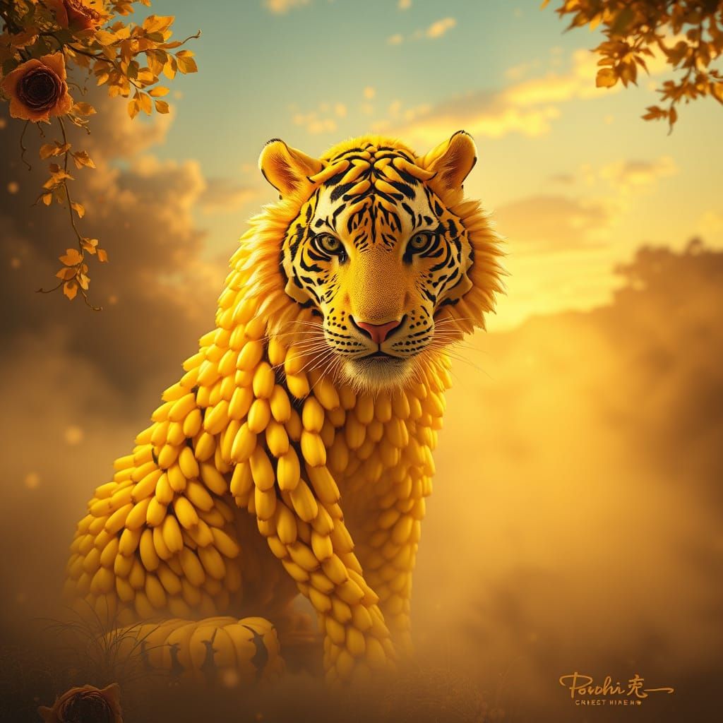 Whimsical Banana Tiger in Dreamlike Sunset