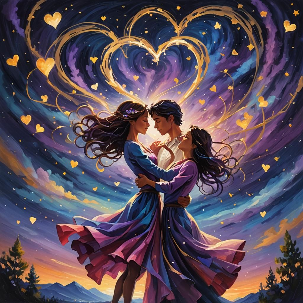 Entwined Hearts Dancing Under Stars: Fantasy Oil Painting