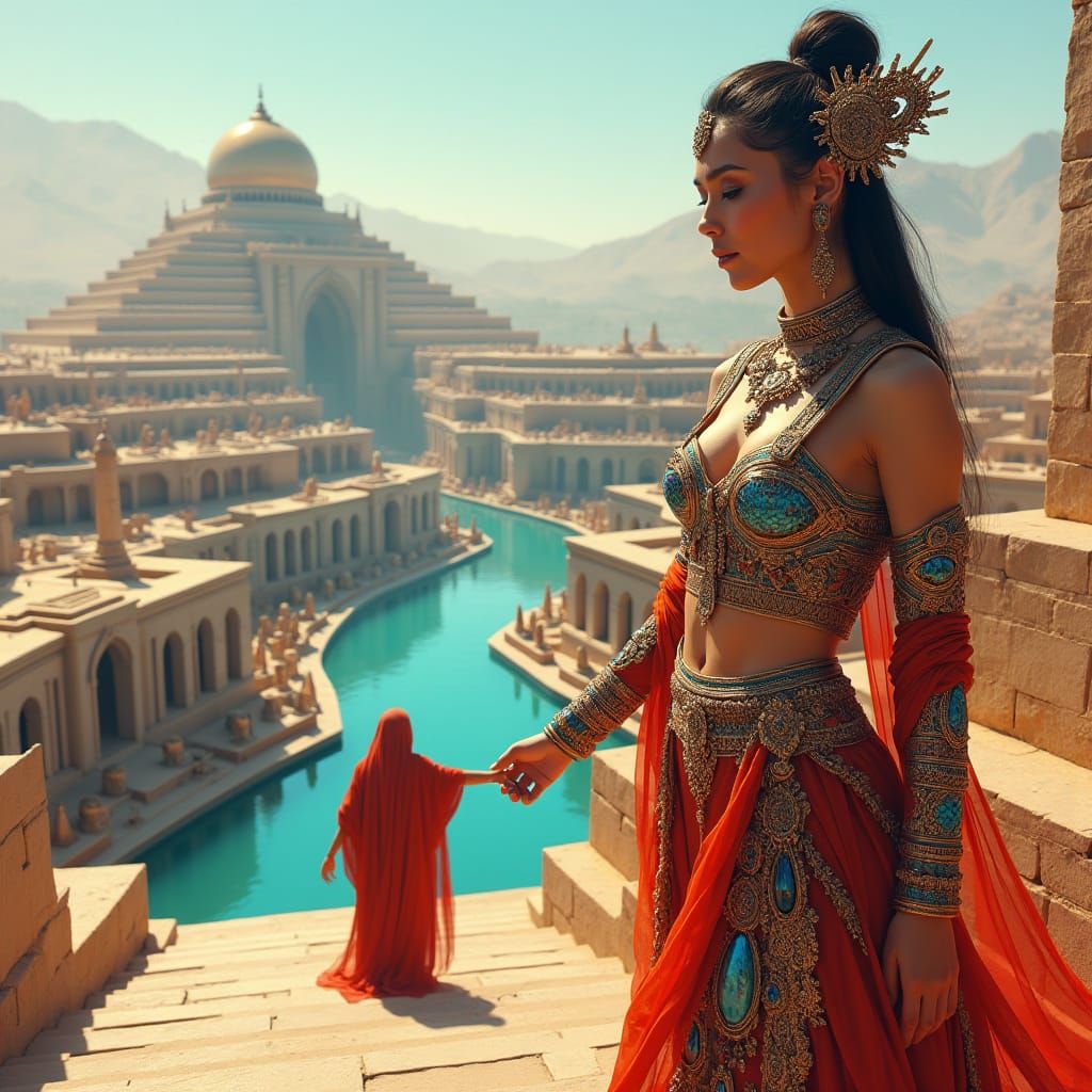 Mesopotamian Woman in Sumerian Cityscape Matte Painting