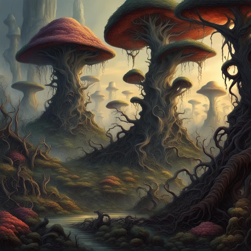Dark fantasy art of a mutated landscape