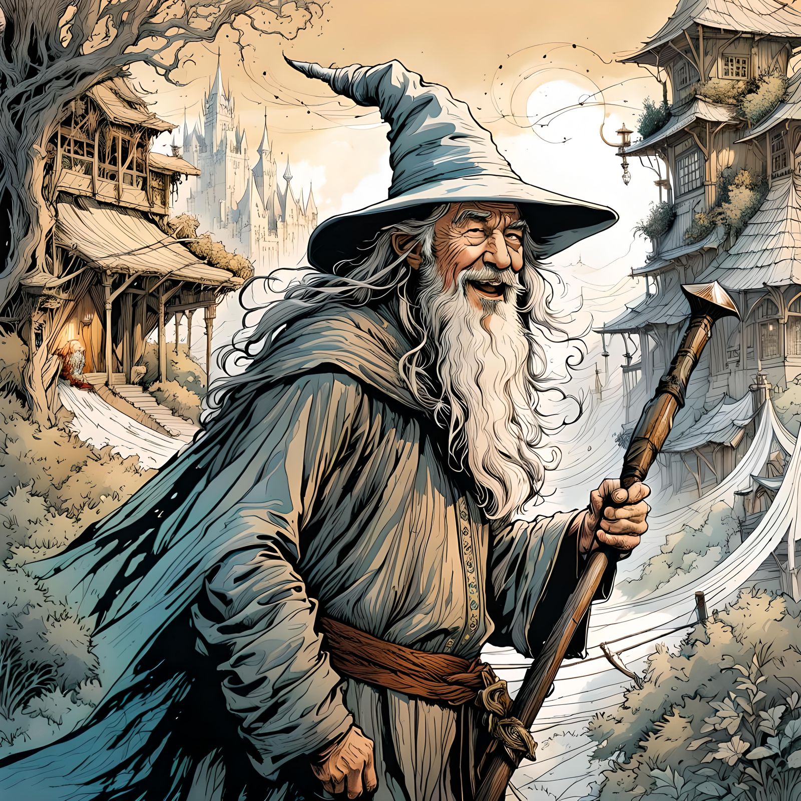Friendly Gandalf as Detailed Pen Sketch