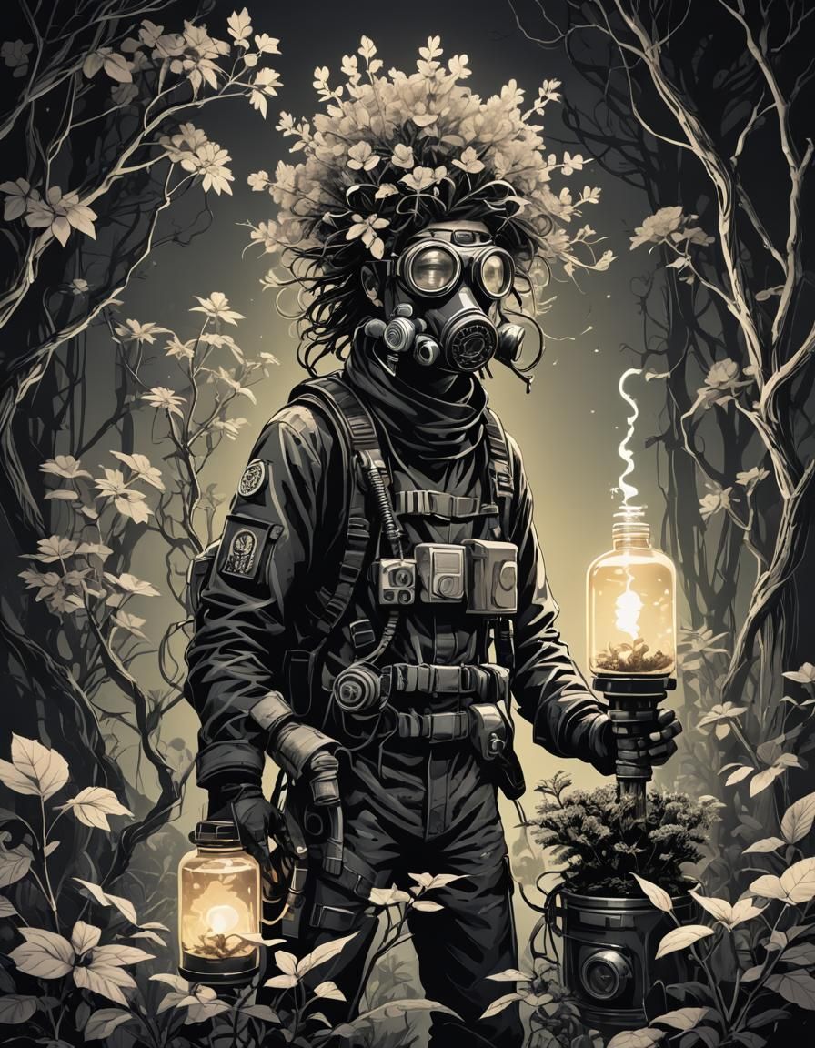 Biopunk Adventurer with Glowing Bonsai, Two-Tone Illustratio...
