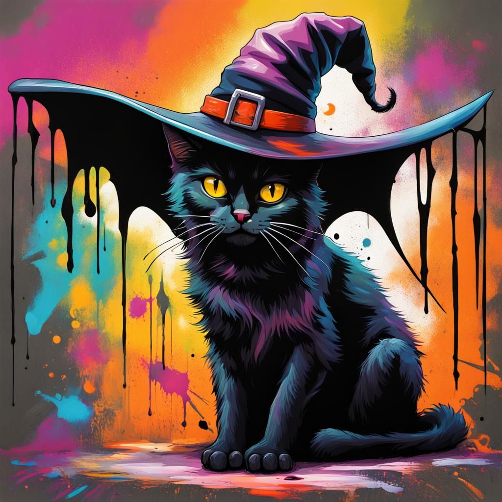 Whimsical Witch Cat in Graffiti Art Style