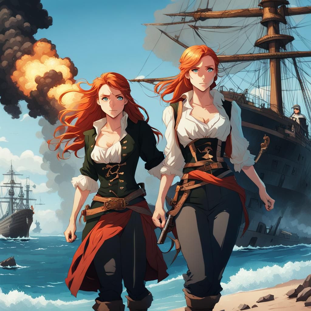 Pirate Girls Embrace as Ship Explodes