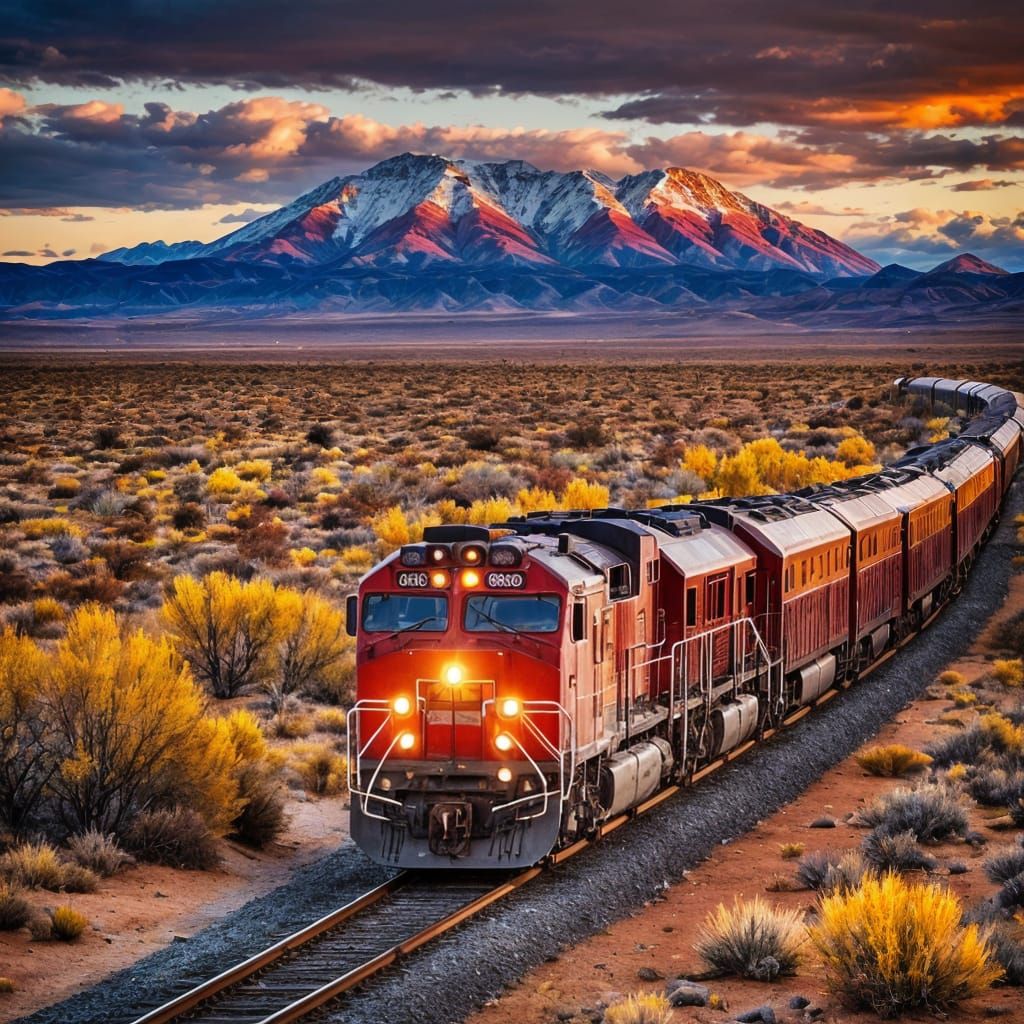 Train Through Painted Desert at Sunset
