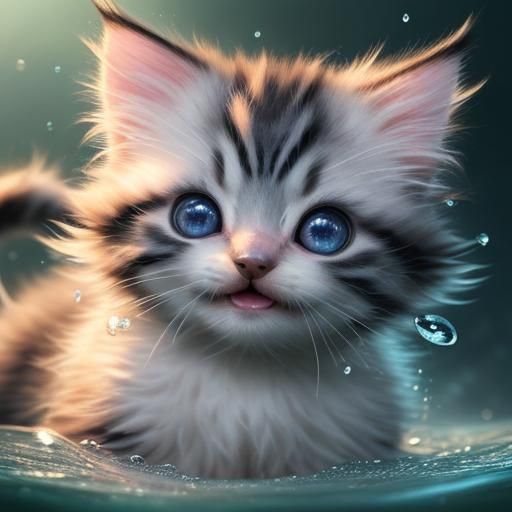 Hyperrealistic Kitten in Water Droplets
