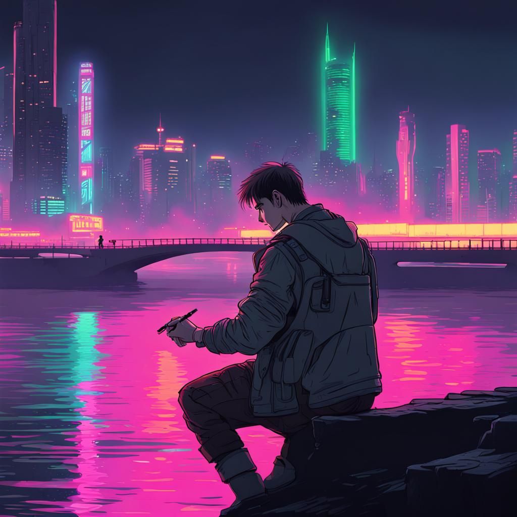 Cyberpunk Boy Drawing by River at Night