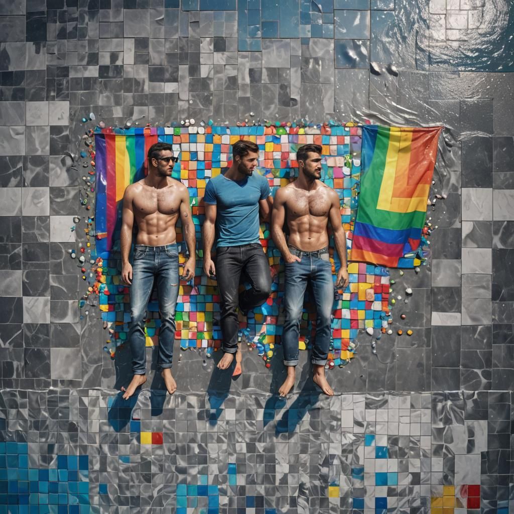 Men in Wet Jeans by Pool with Pride Flag