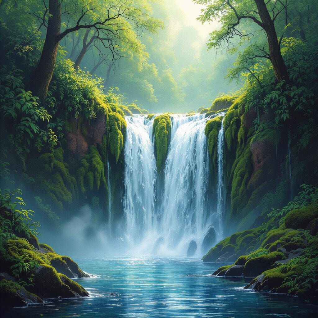 Serene Waterfall Landscape in Romantic Style