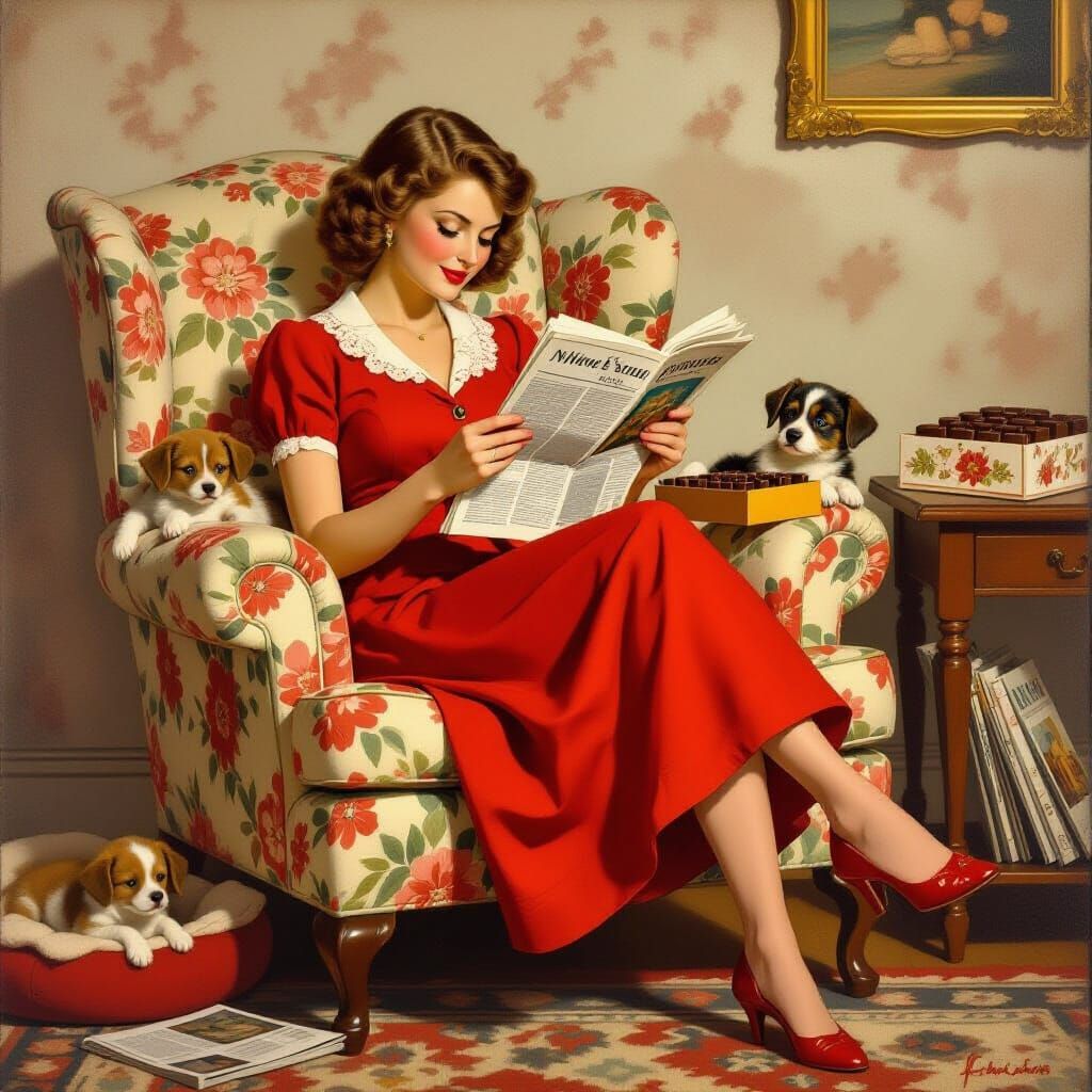 Cozy Vintage Scene: Woman Reading with Puppy and Chocolates