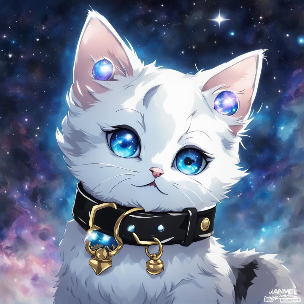 Galaxy-Eyed Kitten with Bell in Anime Style