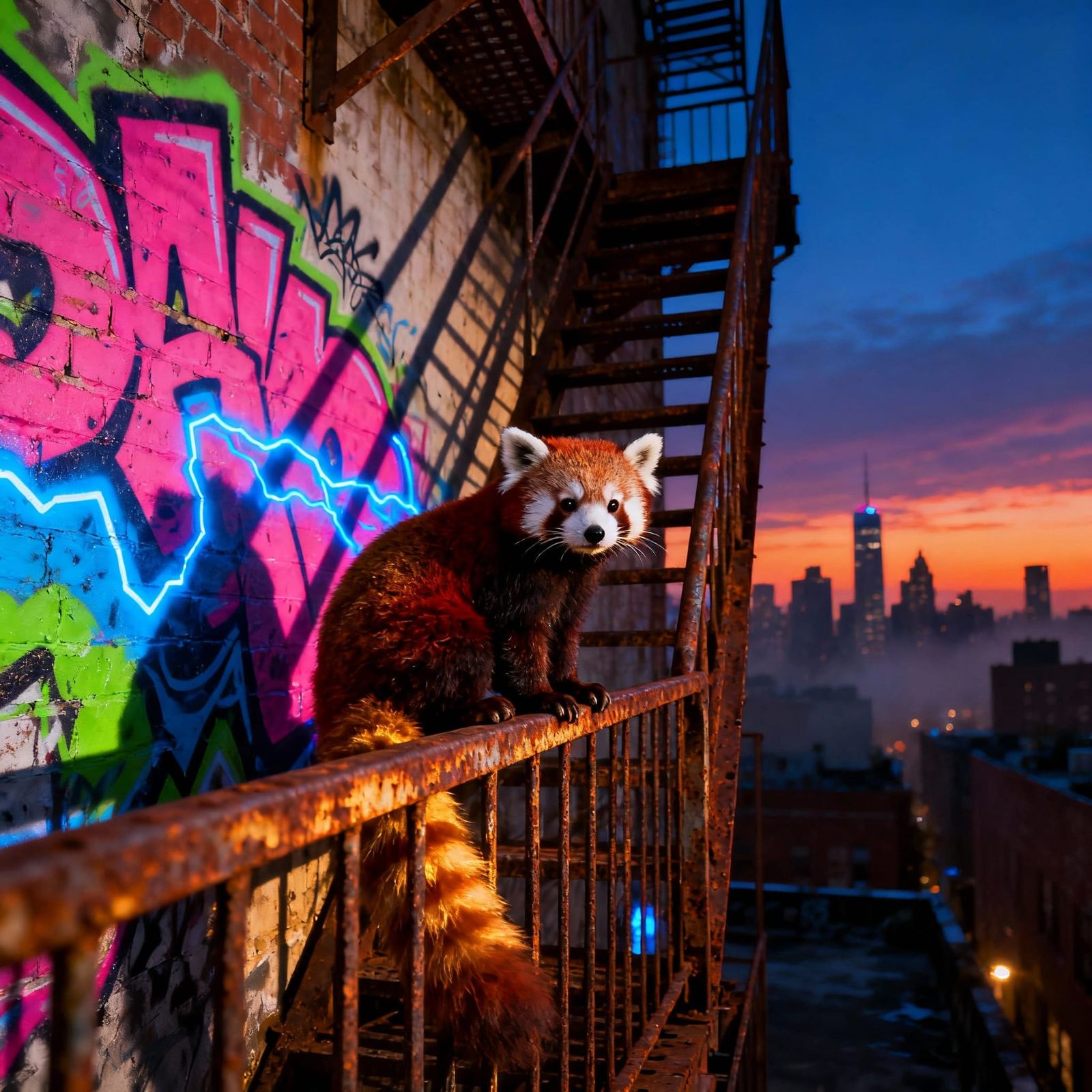 Red Panda on Fire Escape in Lofi Cityscape