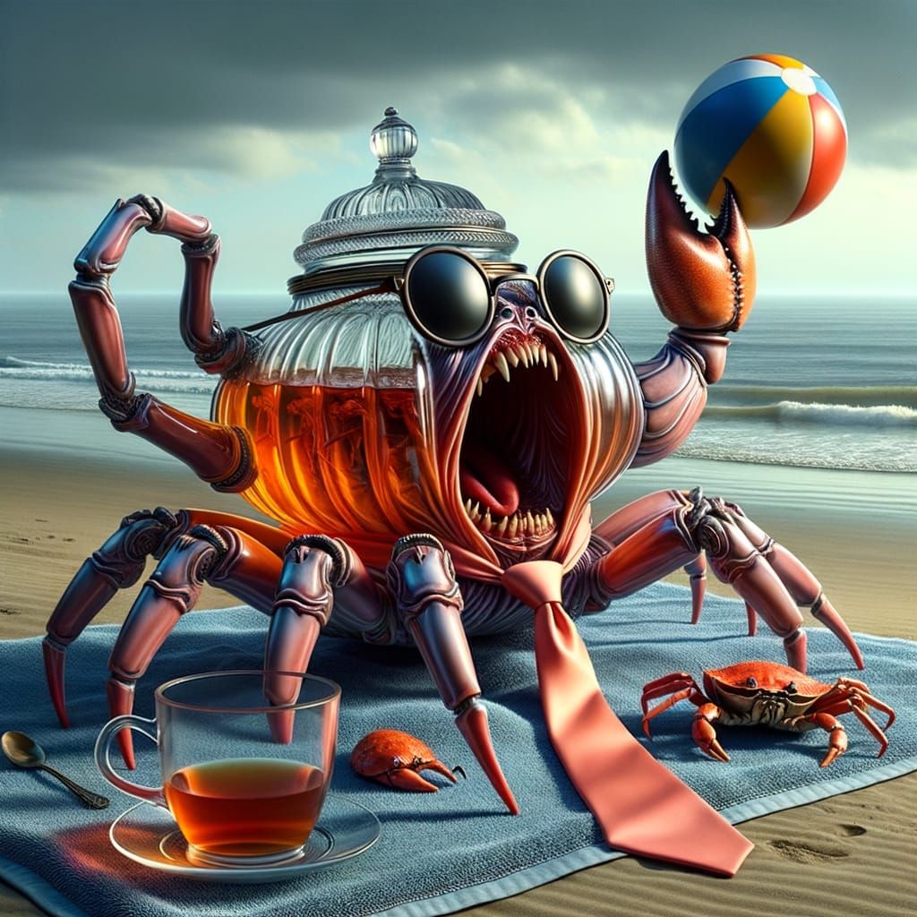 Frightened Glass Teapot on Beach with Angry Crab