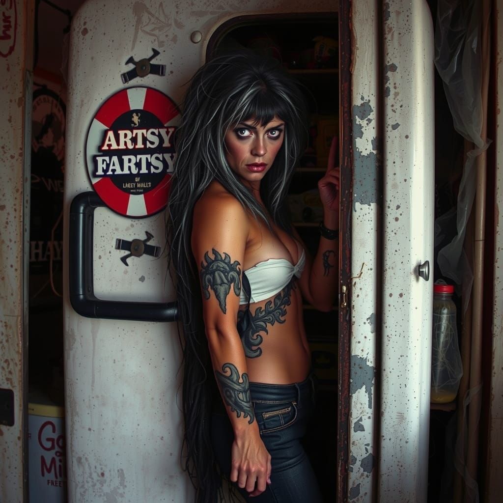 Decrepit Fridge with Hillbilly in Dimly Lit Garage