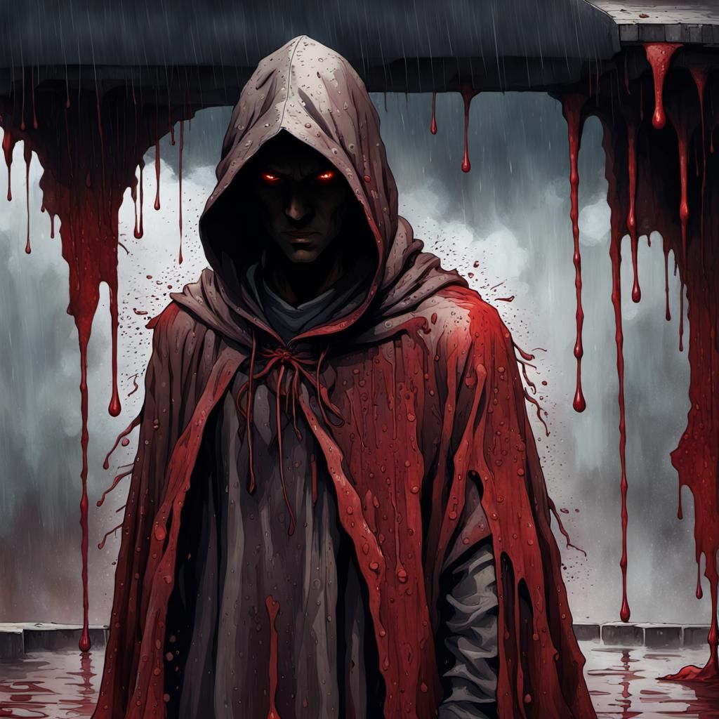 Dystopian Figure in Blood Rain: Hyper-Realistic Illustration