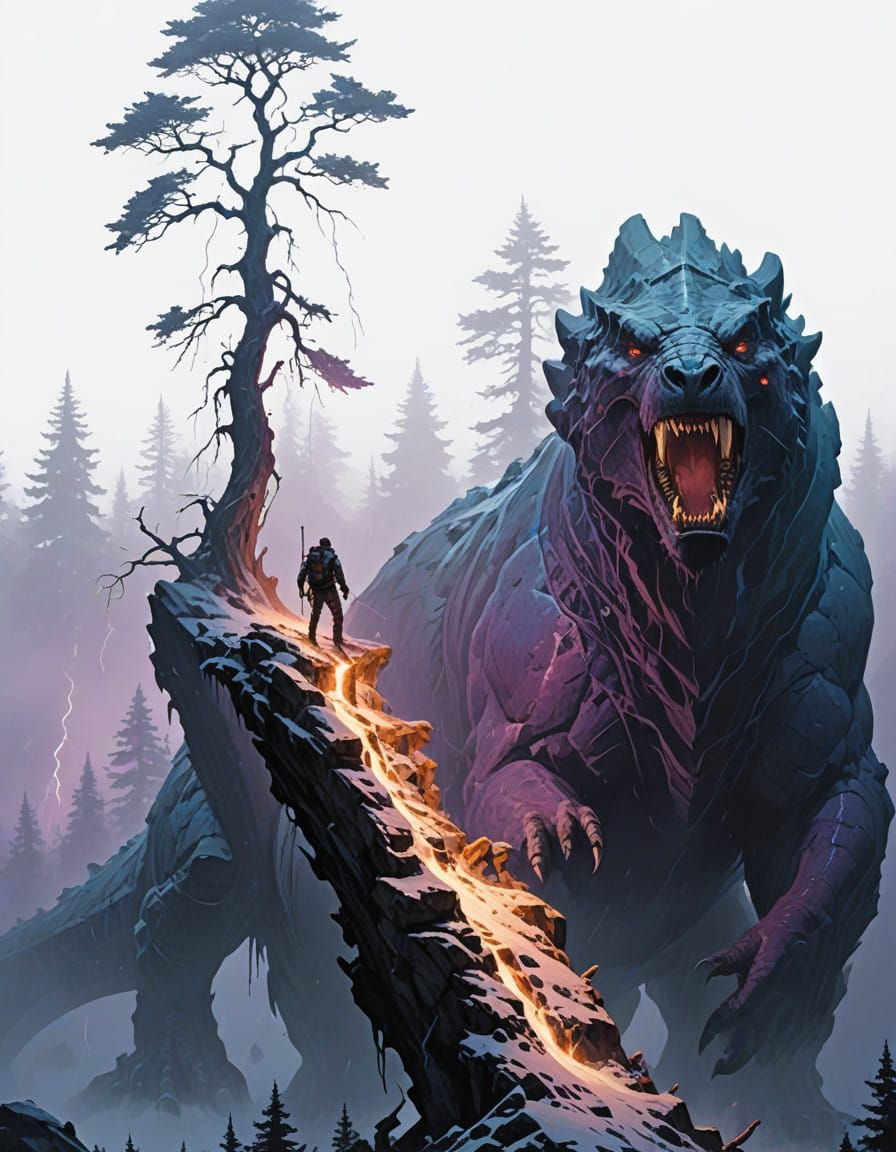 Primordial Stormscape with Ice Bears and Dinosaurs in Dramat...