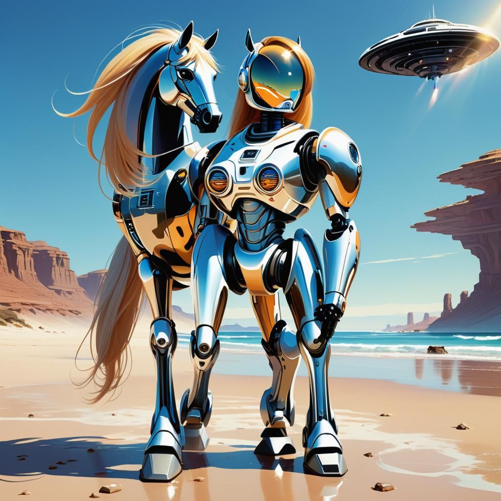 Girl Riding a Unicorn Pony Under a UFO in a Vibrant Dessert...