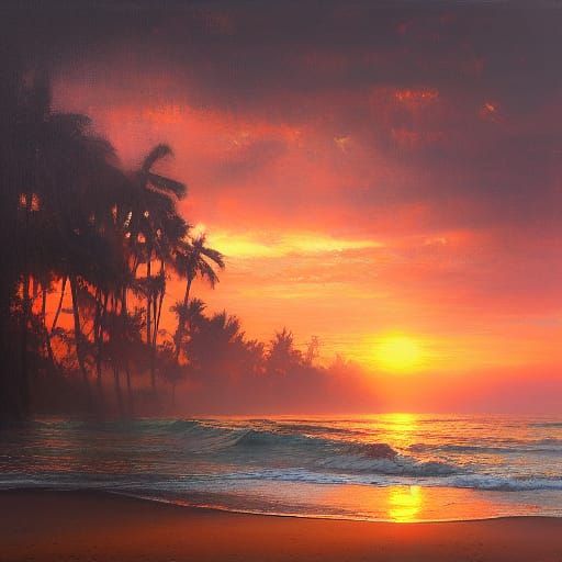 Shore Sunset in Oil Painting Style