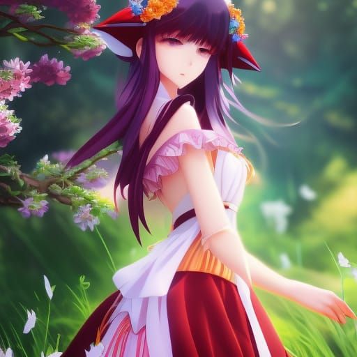 Anime Magical Girl in Lush Flower Field