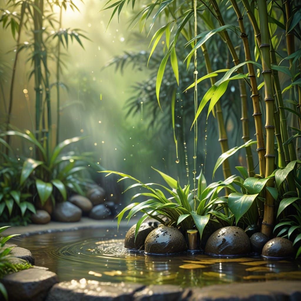 Zen Fountain in Bamboo Garden: Surreal Oil Painting