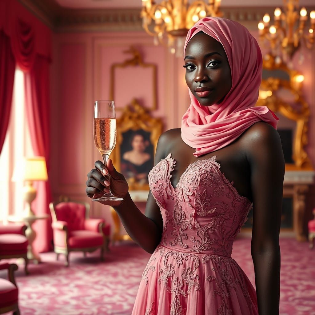 Elegant Black Woman in Lavish Pink Gown, Surrounded by Warm....