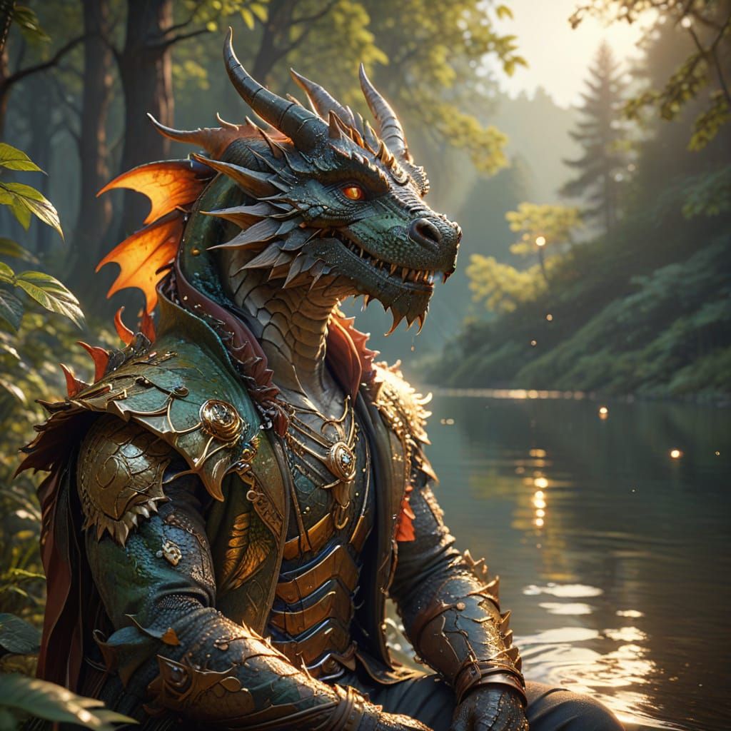 Ethereal Dragonborn Fisherman in Golden Hour